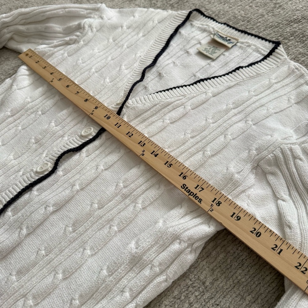 Northern Reflections White Cable Knit Cardigan Navy Trim Medium - Picture 5 of 8